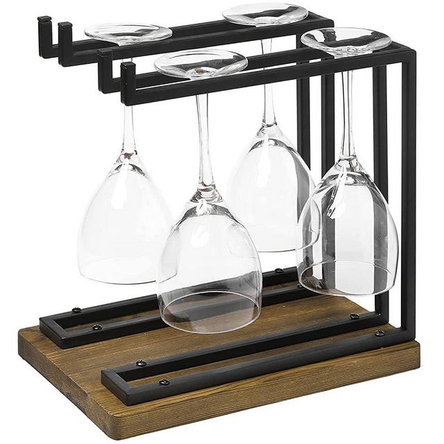 MyGift Industrial Metal Wine Glass Rack Holder Stand with 2 Hanger Bars and Rustic Wooden Base, Countertop Hanging Stemware Holder