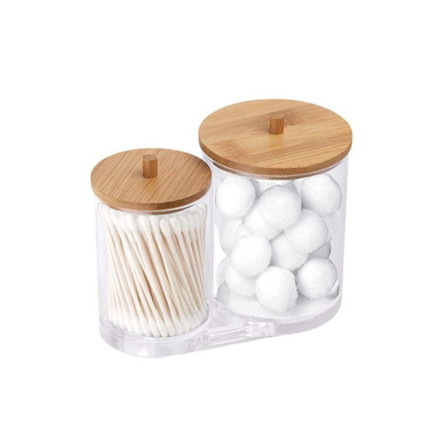 JIEQIJIAJU Cotton Swab Pads Holder, Acrylic Qtip Dispenser 2 Compartment Canisters with Bamboo Lids Cotton Round Holder Cotton Ball Buds Container Clear Apothecary Jars for Bathroom Storage Canister