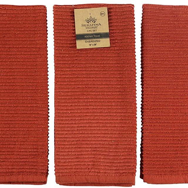 Serafina Home Oversized Solid Color Kitchen Towels: 100% Cotton Soft Absorbent Ribbed Terry Loop, Set of 3 Multipurpose for Everyday Use (Burnt Orange)
