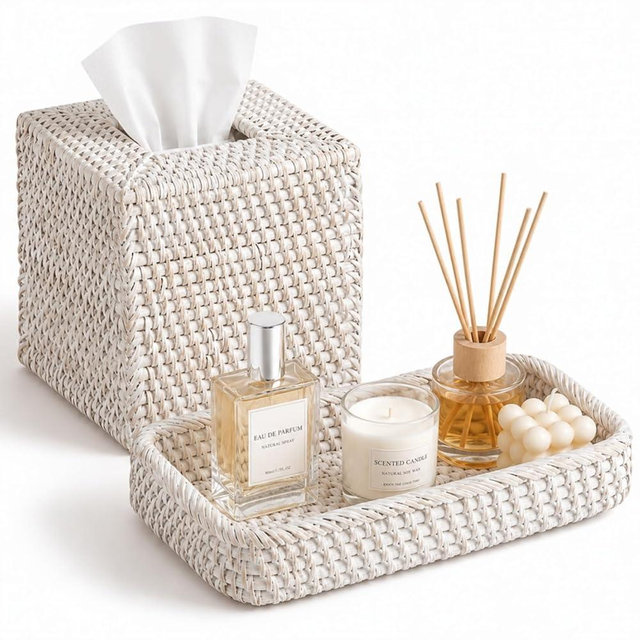 Teenyyou Rattan Tissue Box Cover and Vanity Tray Set for Home Decor, 2 Pcs Wicker Bathroom Accessories, Boho Square Tissue Holder and Countertop Tray for Toilet Tank, Vanity, Bedroom(White)