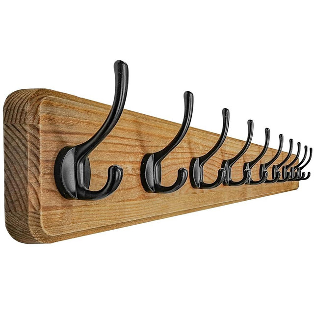 Dseap Coat Rack Wall: 38-1/4" Long, Patented, Heavy-Duty, 10-Double-Hooks Wooden Wall Mounted Coat Rack Coat Hanger Hook Rail for Winter Coats Hat Jacket Clothing, Weathered Brown