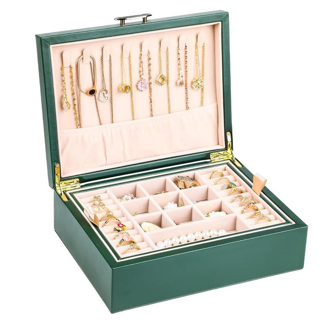 ASINGYER 2 - Layer Jewelry Box for Women, 9.52x7.36x3.5in Jewelry Organizer box, Ideal for Necklaces, Rings, Earrings, Bracelets (Green)