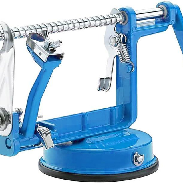 Apple Peeler Corer, Long lasting Chrome Cast Iron Apple Peeler Slicer Corer with Stainless Steel Blades and Powerful Suction Base for Apples and Potato(Lake Blue)