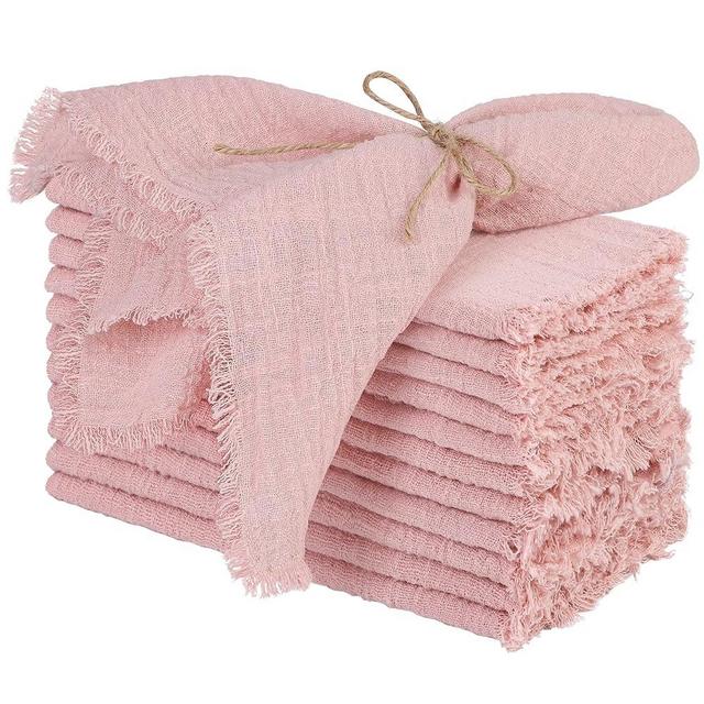 TURSTIN 12 Pieces Cotton Linen Cloth Napkin Handmade Cloth Napkin with Fringe 17 x 17 Inch Soft Cloth Dinner Wedding Napkin Square Rustic Fringe Napkin for Dinners, Parties, Weddings, Dusty Pink