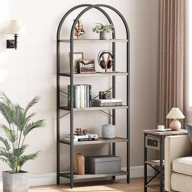 IDEALHOUSE Bookshelf 5 Tier Bookcase Arched Display Racks Tall Standing Bookshelves Metal Frame Farmhouse Storage Rack Shelf Grey Book Shelf for Bedroom, Living Room, Home Office