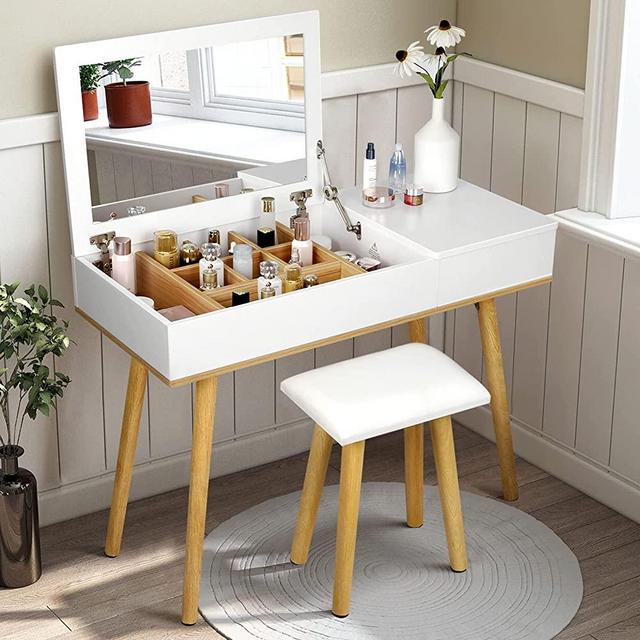 Makeup Vanity Desk Set White - Makeup Table with Larger Flip Top Mirror, Vanity Table Writing Desk for Home Studio with Bench Big Drawer 9 Compartments, Sturdy Super Easy Assembly