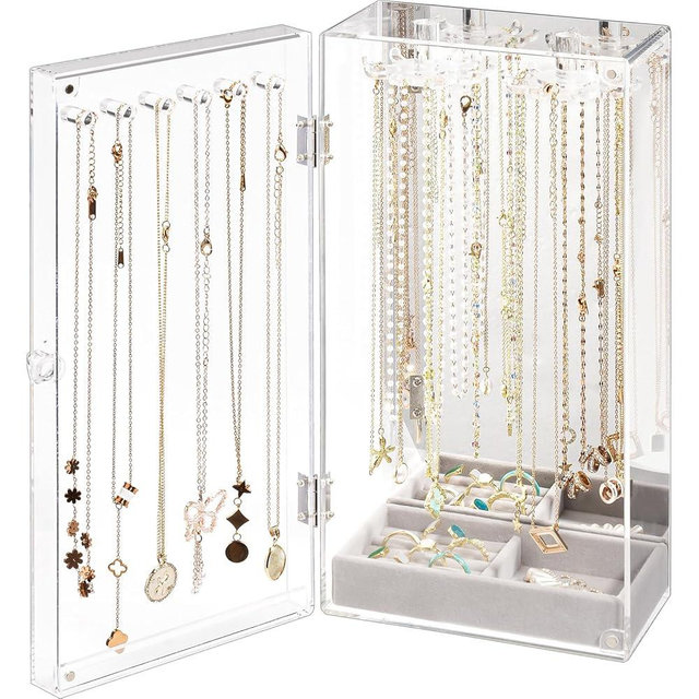 Lolalet Necklace Holder Organizer, Acrylic Jewelry Organizer with 24 Hooks, Rotating Clear Necklaces Display Box with Built-in Mirror, Dust-proof Jewelry Storage Case with Velvet Tray -Clearmirror