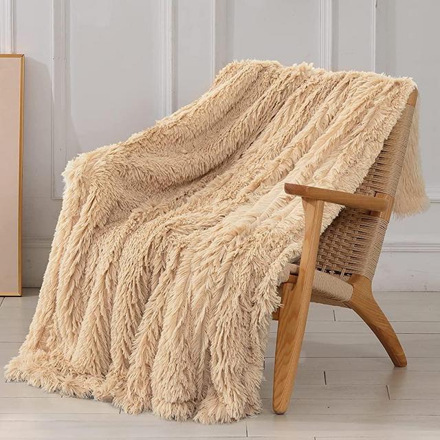 Decorative Extra Soft Faux Fur Throw Blanket 50"x60",Solid Reversible Fuzzy Lightweight Long Hair Shaggy Blanket,Fluffy Cozy Plush Fleece Comfy Microfiber Blanket for Couch Sofa Bed,Apricot