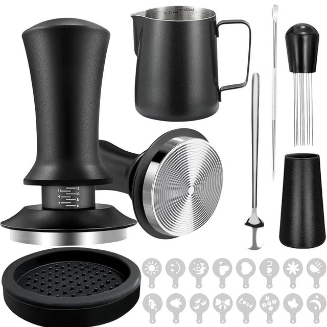 Gmnuiy 22 PCS Espresso Accessories，53mm Coffee Tamper ，Barista Kit， - with Frothing Pitcher，WDT Tool，Stirrer，Tamper Mat ，Coffee Stencils，Latte Art Pen