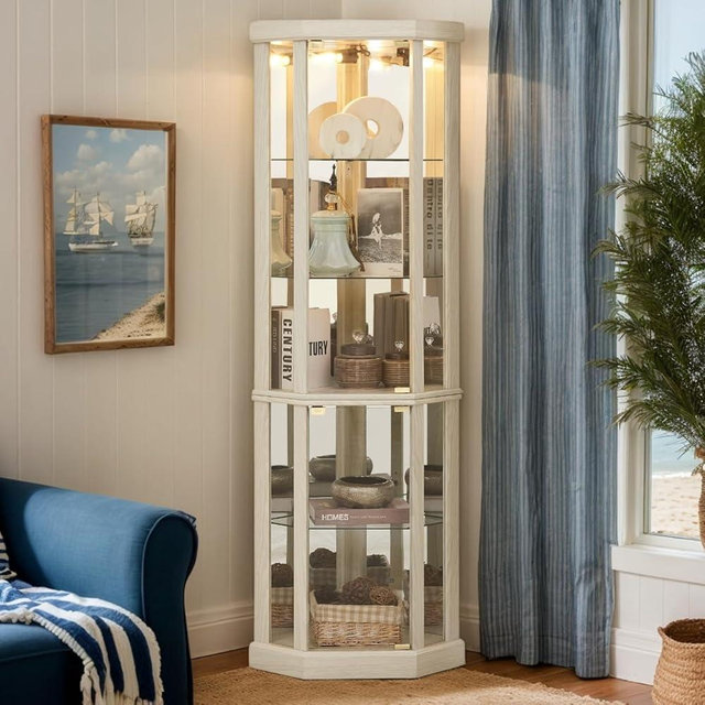 CKEASEAN Corner Curio Cabinet, 70" H Lighted Glass Display Cabinet with Adjustable Shelve, Tempered Glass Doors, Bulb Inclued, Wooden China Cabinet for Living Room (White, 16.5" L 16.5" W 70" H)