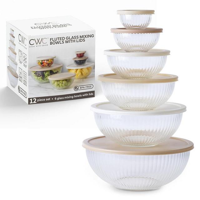 COOK WITH COLOR 12 Pc Glass Mixing Bowl Set with Lids – Borosilicate Glass Nesting Bowls for Cooking, Baking and Meal Prep, Fluted Brown