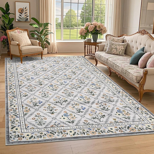 Floral Area Rugs for Living Room Bedroom Soft Farmhouse Washable Rug Non-Slip Low Pile Accent Carpet