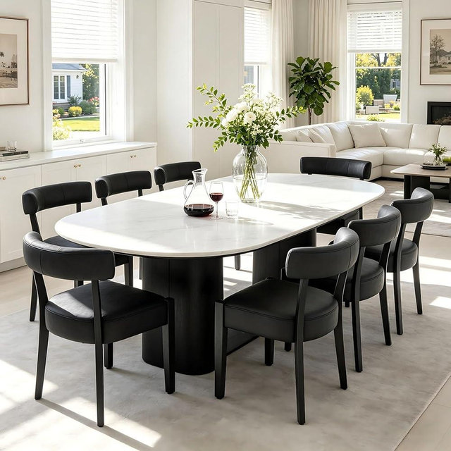 RNKSFX Modern Black Dining Chairs Set of 8, Faux Leather Upholstered Kitchen & Dining Room Chairs, Mid Century Modern Wooden Dining Chairs Oversized Sturdy Rounded Chairs Curved Back