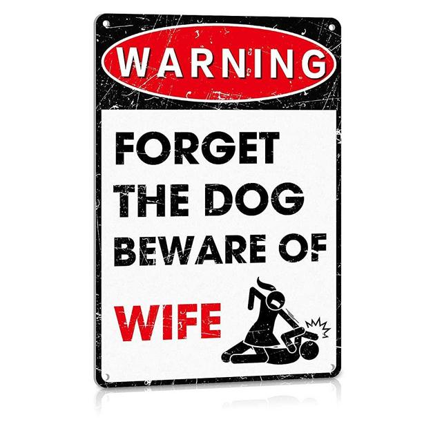 ALREAR Man Cave Decor Funny Metal Signs Bar Pub Office Garage Wall Decorations - Forget The Dog Beware of Wife Aluminum 12" x 8"