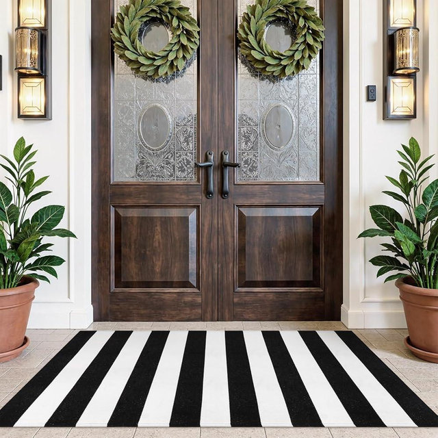 Sungea Striped Outdoor Rug 3'x5', Cotton Hand Woven Front Door Mat,Washable Reversible Outside Porch Rug, Foldable Layered Doormat for Entryway/Home Entrance/Farmhouse(Black and White)