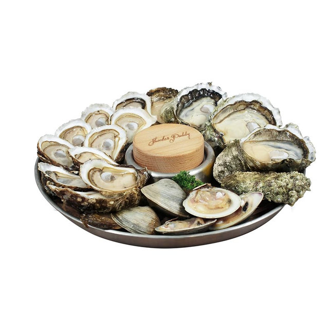 Zyliss Shucker Paddy Oyster Tray Set, 2-in-1 Stainless Steel Oyster Shucking & Serving Tray with Wooden Puck, Holds 24 Oysters, Oven Safe Seafood Platter