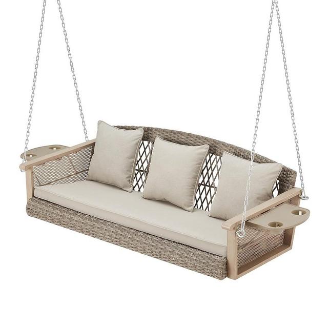 HOMREST 3-Person Porch Swing 55in Wicker Hanging Swing Bench with Cushions Cupholders Swing Chair with Chains 800lbs Capacity for Deck Garden Backyard (Beige)