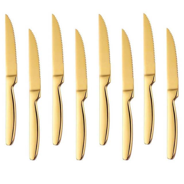 DOCBLACK Stainless Steel Steak Knives set of 8 Serrated Steak Knife Sets with Sharp Blade, 8.66 Inches(22 CM) Silverware Cutlery Table Knives for Steak (Gold)