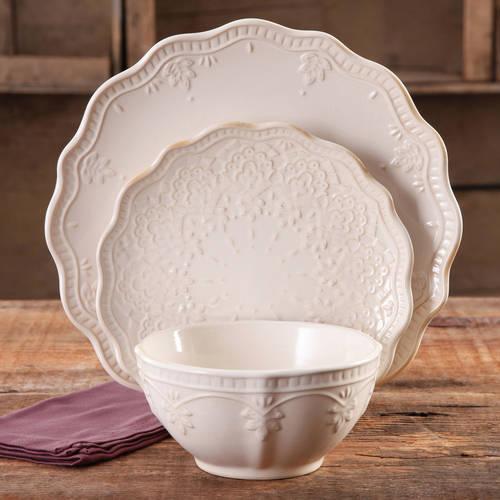 The Pioneer Woman Farmhouse Lace 12-Piece Dinnerware Set, Linen