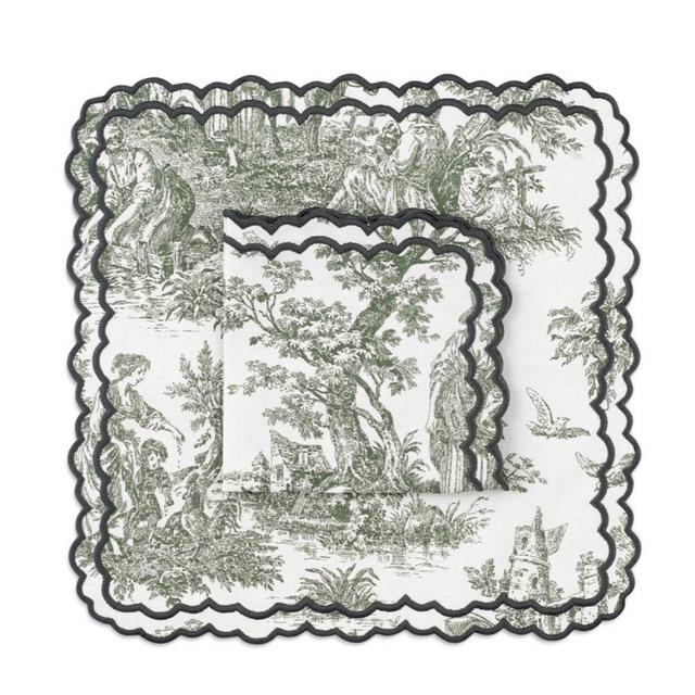 Elise Placemat and Napkin Set in Toile de Jouy Forest Green