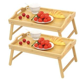 2 Pack Bamboo Bed Tray Table, Folding Legs and Handles, Breakfast Tray, Laptop Desk for Bed or Sofa, Serving Tray for Eating, Working, Reading,Picnic
