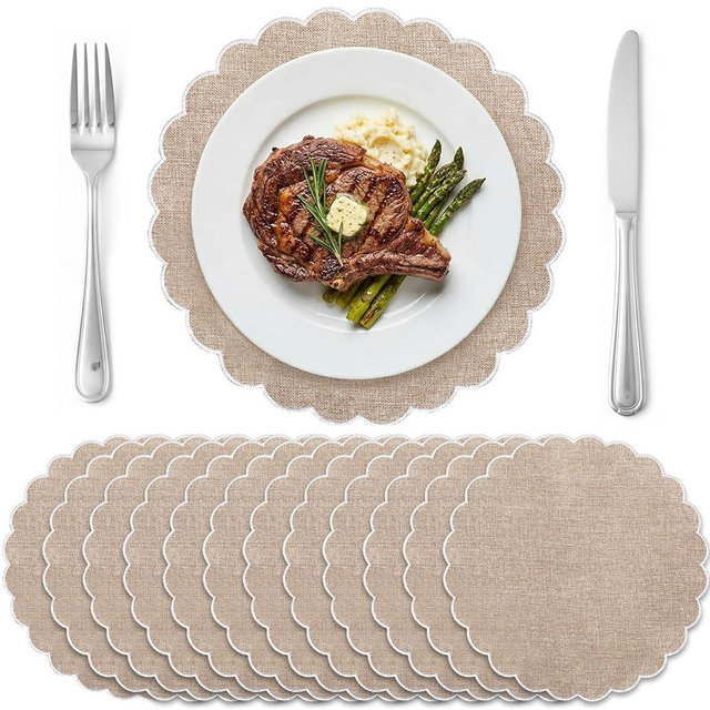 Gandeer Set of 12 Beige Cotton Placemats 15 Inch Round Scalloped Embroidery Placemats Washable Double Layered Rustic Table Mat Fabric Napkins for Wedding Table Decor