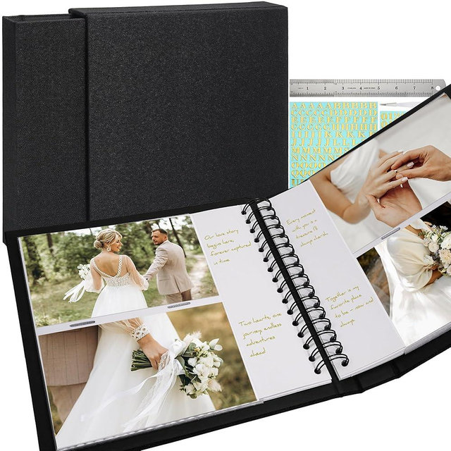 Vienrose Photo Album Linen Cover 4x6 with Writing Areas 200 Pockets Picture Albums Photos Book with Slipcase Metal Stickers Tweezers Ruler for Wedding Family Baby Anniversary Travel Graduction Black