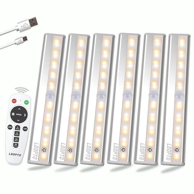 LDOPTO Under Cabinet Wireless LED Lights, 6 Pack Rechargeable Battery Operated, Dimmable, Remote Control, Stick On Night Lights for Kitchen, Pantry, Stairs, Hallway, 3 Colors