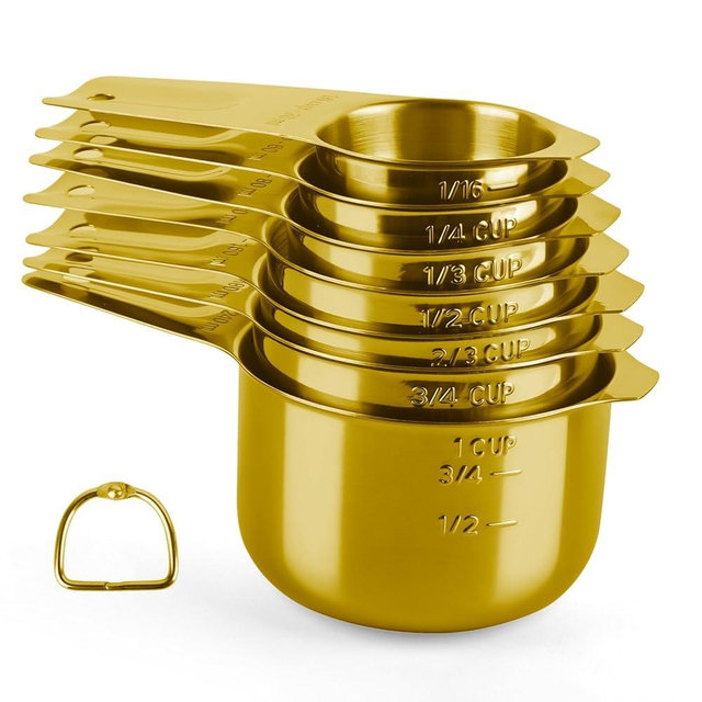 7 Pcs Gold Measuring Cups Stainless Steel, Nesting Metal Measuring Cups with Markings & Ring, Stackable Measure Cups Spoons Set for Cooking Baking Supplies, Kitchen Utensils for Dry Liquid Ingredients
