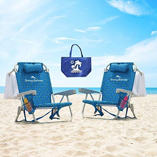 2 Tommy Bahama Backpack Cooler Chair with Storage Pouch and Towel Bar (Blue Weave and Blue Weave)
