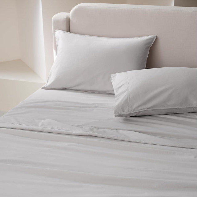 Double Stitch 100% Organic Cotton Sheet Set King- 300 TC Luxury Hotel Sateen Weave, GOTS Certified Long Staple Cotton, Made in India, 1 Fitted Sheet, 1 Flat Sheet, 2 Pillowcases, Winter Sky