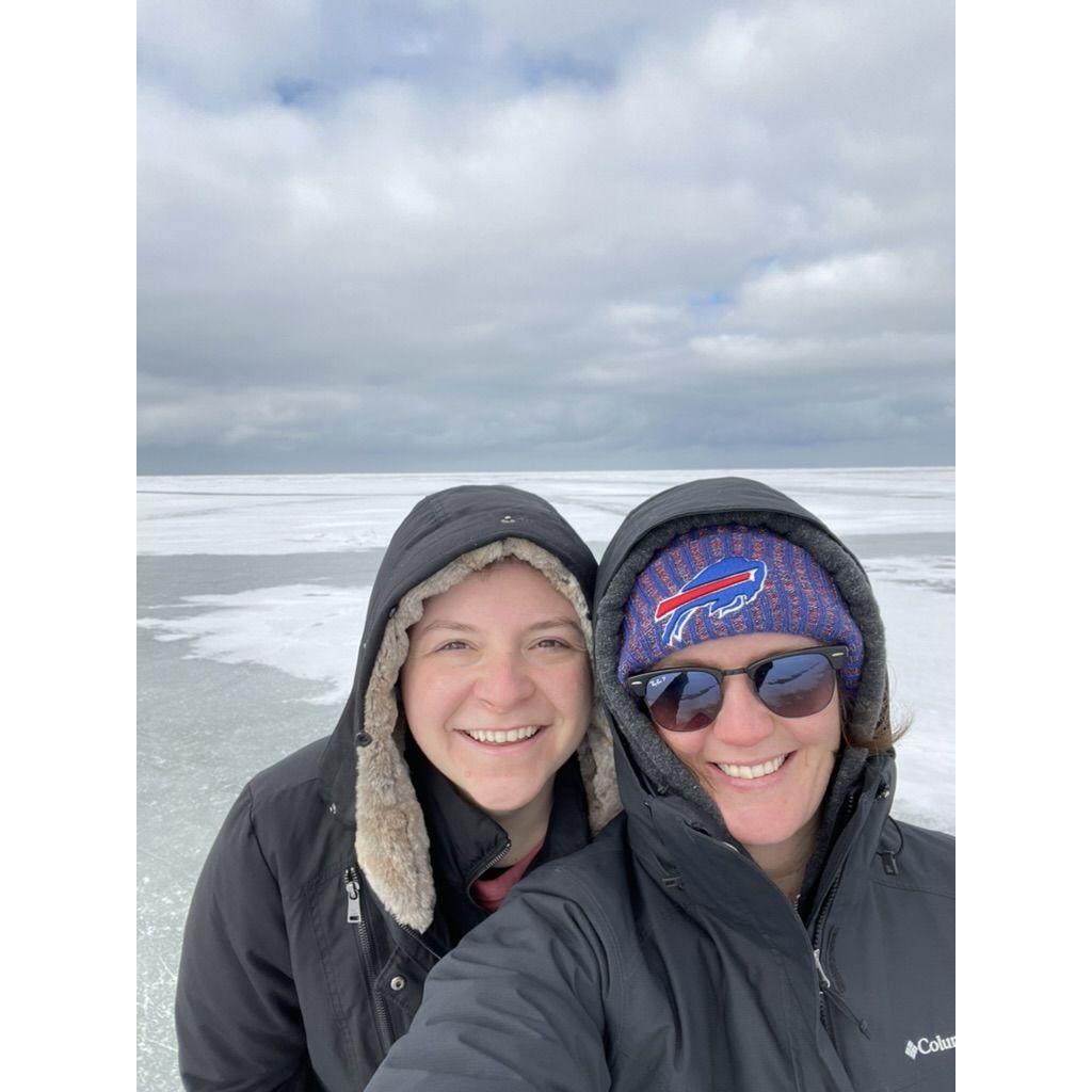 One of our first pictures together - being brave and walking on to a frozen lake Erie