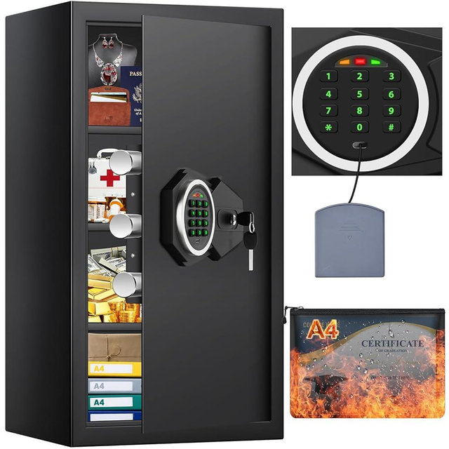 Large Home Safe Box Fireproof Waterproof with A4 Fireproof Bag and Backlit Keypad, 5.6 Cu Ft Anti-theft Fireproof Safe with 3 Removable Shelves and Alarm Mode, Fire Safes for Money Jewelry A4 Document