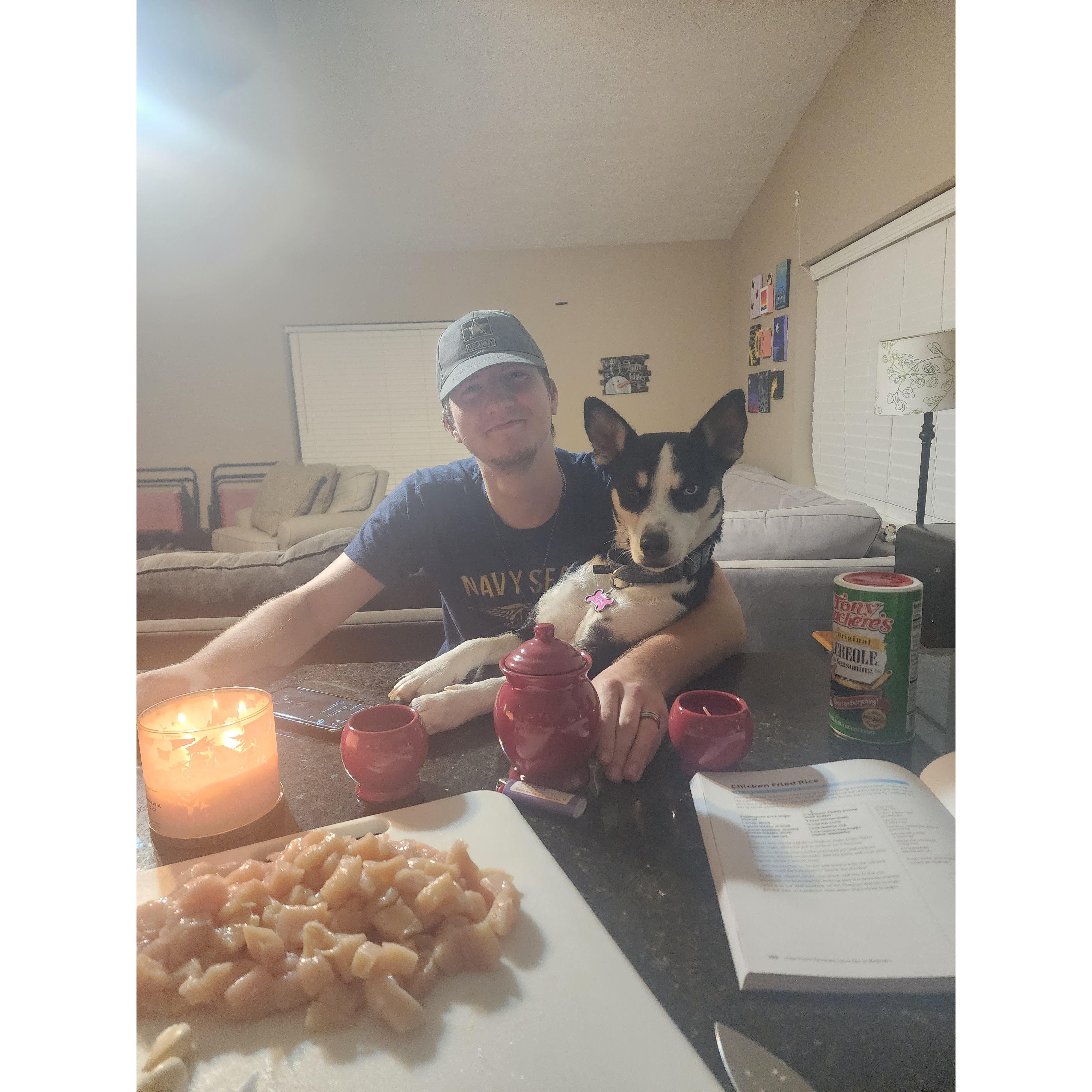 Maya sat in Gage's lap like a child while Elana was working on making Chicken Fried Rice for dinner.
Maya: I want some of that chimken