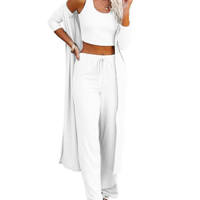 Womens Pajamas Set Fall Winter 3 Piece Loungewear Set Crop Vest Top Loose Pants and Cardigan Knitwear Jumpsuit Warm