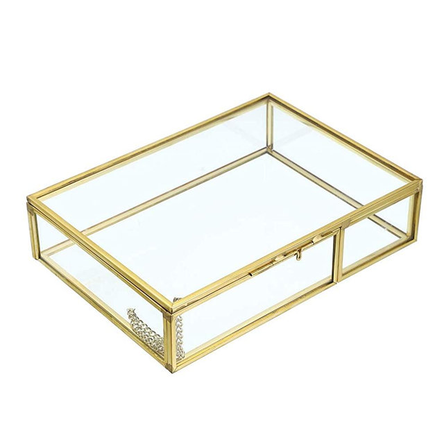 Hipiwe Gold Glass Photo Box - Vintage Photo Storage Organizer, Trinket Box Jewelry Display Organizer Photo Keepsake Box Case Home Decor (Medium)