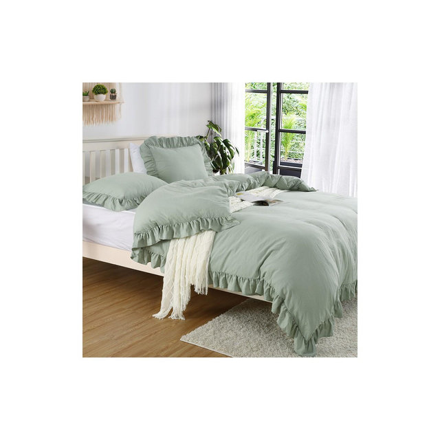 Ruffle Duvet Cover Set, Soft Washed Microfiber Vintage French Country Duvet Cover Set with Button Closure