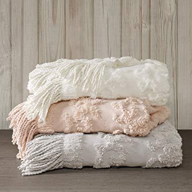 Madison Park Chloe 100% Cotton Tufted Chenille Design With Fringe Tassel Luxury Elegant Chic Throw Blanket For Couch, Bed, 50X60 Inches, Grey