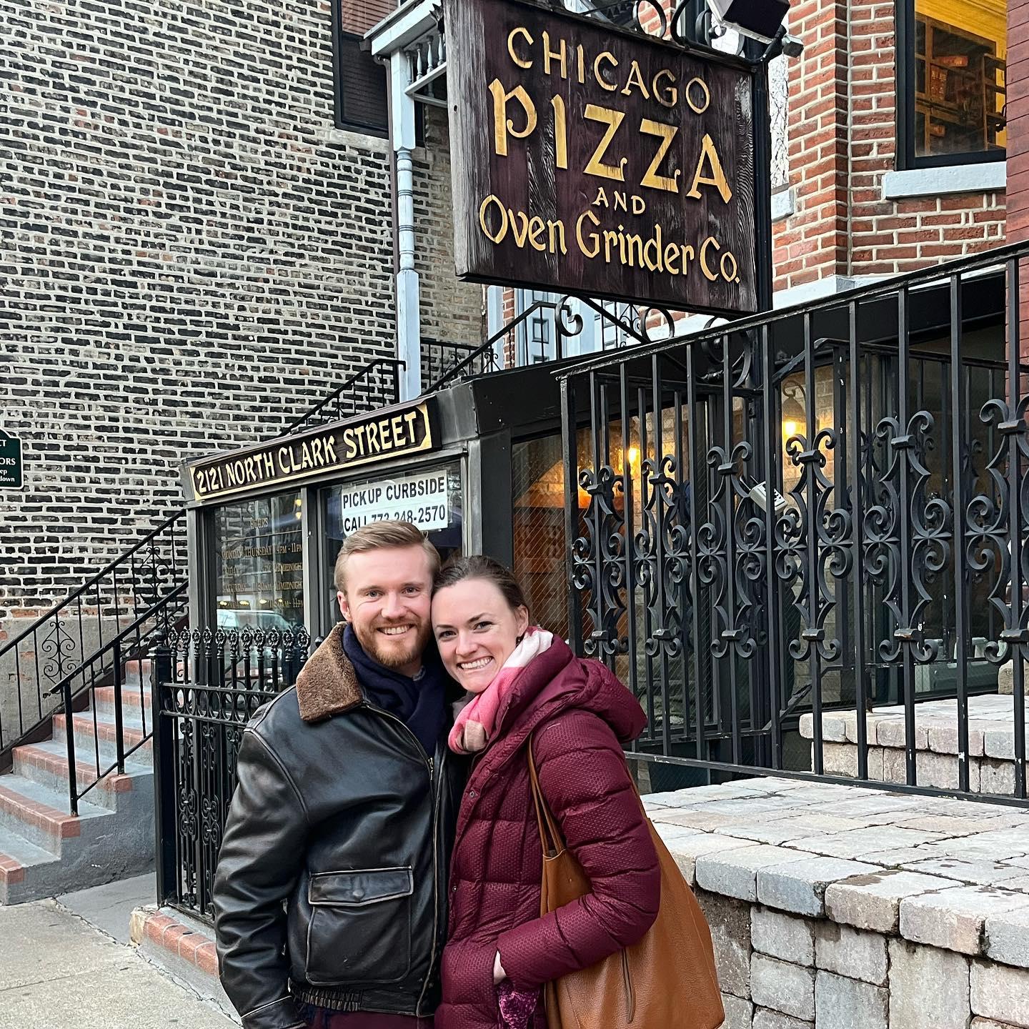 A cold trip to Chicago. Maddy's parents' favorite pizza spot when they lived there.