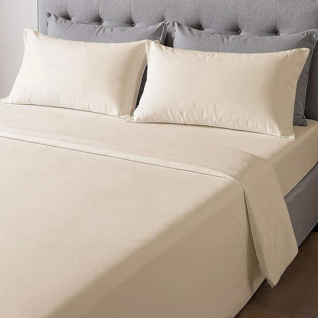 Lightweight 4 Piece Bed Sheet Set Queen Size - Cooling Sheets for Hot Sleepers - Soft Breathable Bedding Set w/ 8-16 Inch Deep Pockets - 1 Flat & 1 Fitted & 2 Pillowcases - Wrinkle Resistant - Wheat