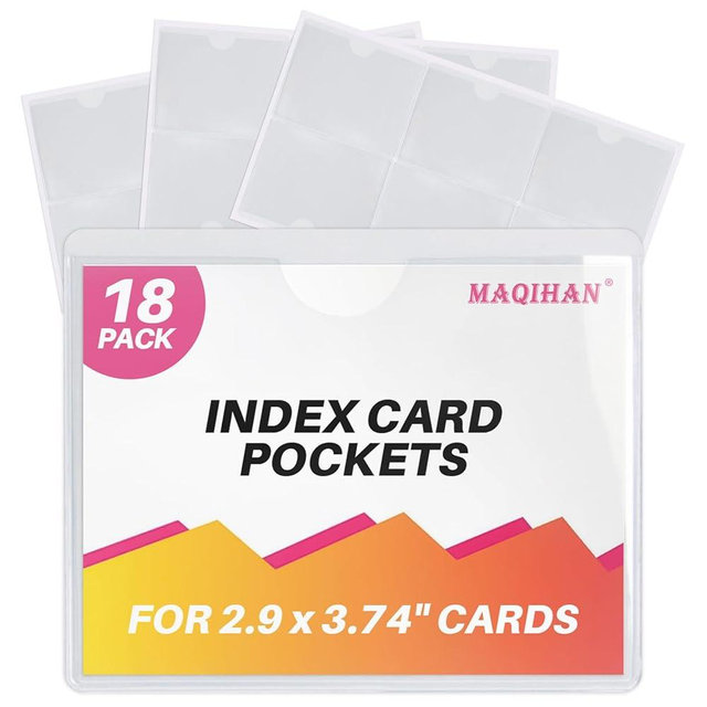 18 Pack Clear Adhesive Pockets - Plastic Adhesive Label Pockets with Top Loading 2.7 x 3.65 Inch Waterproof Index Card Holder Reusable Card Sleeves Ideal for Organizing Storage Bins Shelves Box Drawer