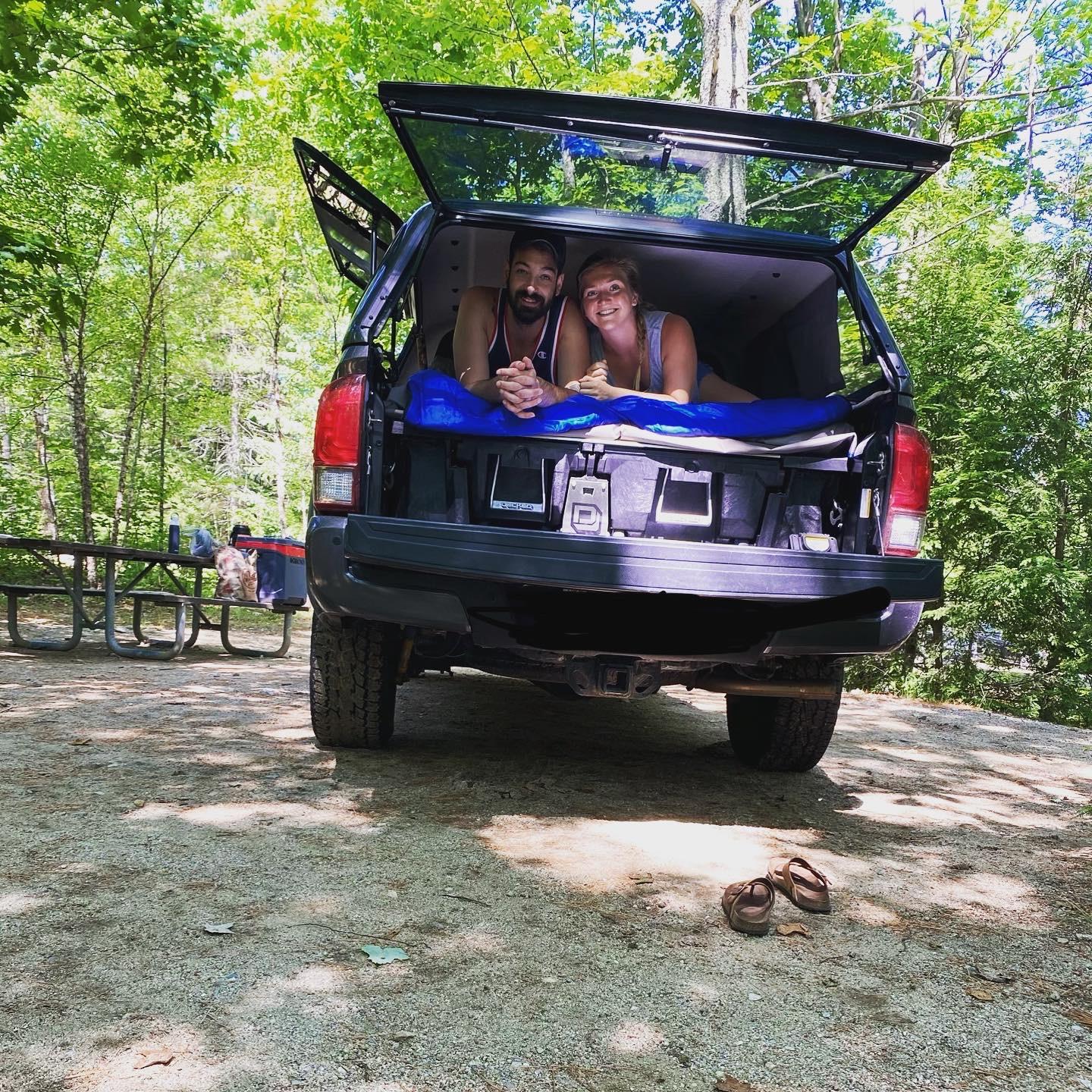 When we upgraded from Tent to sleeping in the bed of Joey's truck!