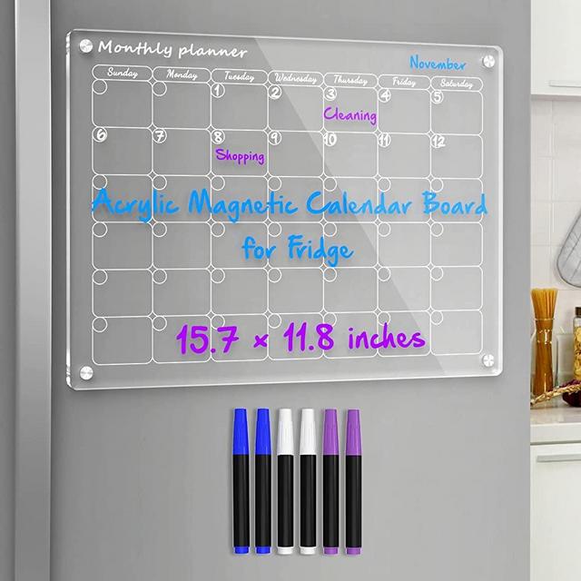 NPPLUS Acrylic Magnetic Dry Erase Board Calendar for Fridge, Magnetic Monthly Calendar for Refrigerator, Reusable Clear Acrylic Calendar Planner Board Includes 6 Markers with 3 Colors(15.7"x11.8")