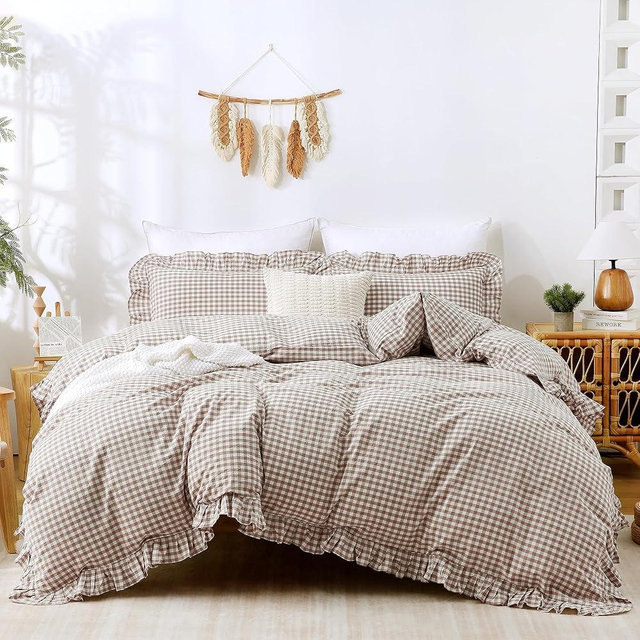 TOCOMOA Tan Gingham Duvet Cover Bedding Set 100% Washed Cotton Like Linen Texture Soft Breathable 3 Piece Plaid Checkered Cute Ruffle Comforter Cover Set (King 104"x90", Comforter Not Included)