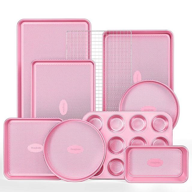 HONGBAKE 9-Piece Baking Pans Set Nonstick, Stackable Non Toxic Bakeware Sets with Diamond Texture, Oven Pan Set for Cooking, Includes Cookie Sheet with Rack, Cake Pan, Roasting Pan, Muffin Tin, Pink