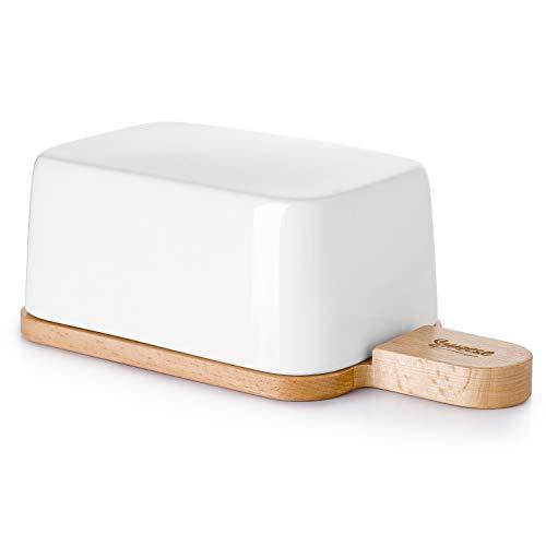 Sweese 323.101 Butter Dish with Lid and Handle, Porcelain Butter Keeper and Extended Wooden Lid, White