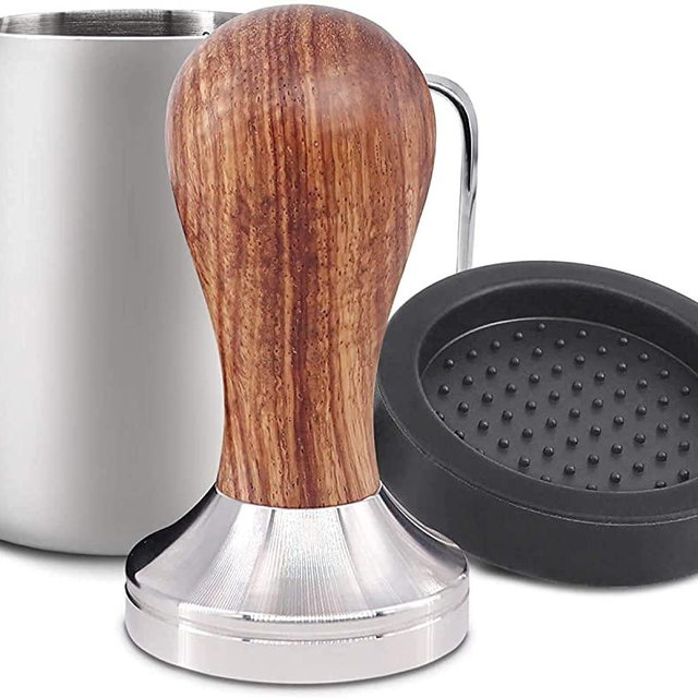 KYONANO Espresso Tamper 51mm - Coffee Tamper with Dalbergia Odorifera Handle - Espresso Press Hand Tamp PLUS Free Milk Frothing Pitcher 12oz/350ml, Silicone Tamper Mat - Fits 51mm Delonghi Portafilter