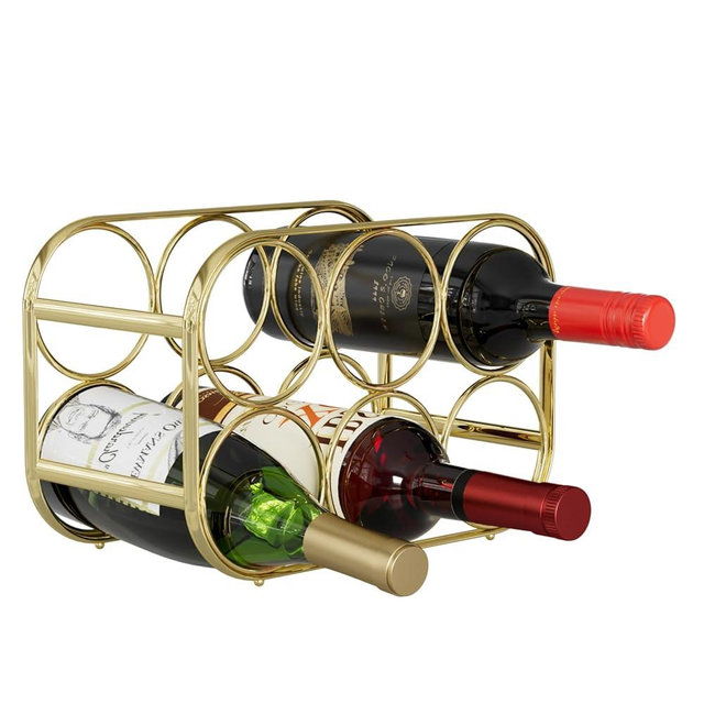 Buruis 6 Bottle Countertop Wine Rack - Wine Holder for Red White Wine Storage - Freestanding Metal Wine Rack - Modern Tabletop Bottle Holder - Gold