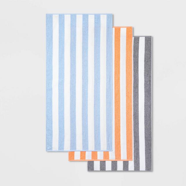 3pk Cabana Striped Beach Towel Set Blue/Pink/Gray - Sun Squad™