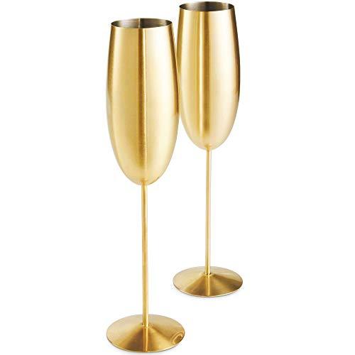 VonShef Gold Champagne Glasses, Shatterproof Stainless Steel, Set of 2 Brushed Gold 9oz Champagne Flutes with Gift Box